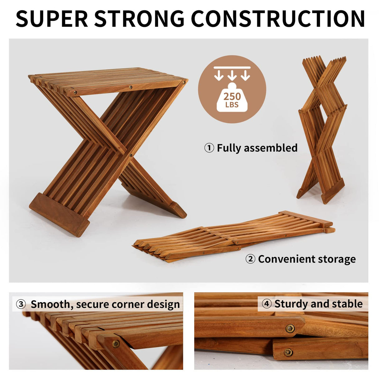Rose Home Fashion Teak Wood Shower Stool 17" Folding Seat Fully Assembled Waterproof Bench in Bathroom Inside Corner Chair