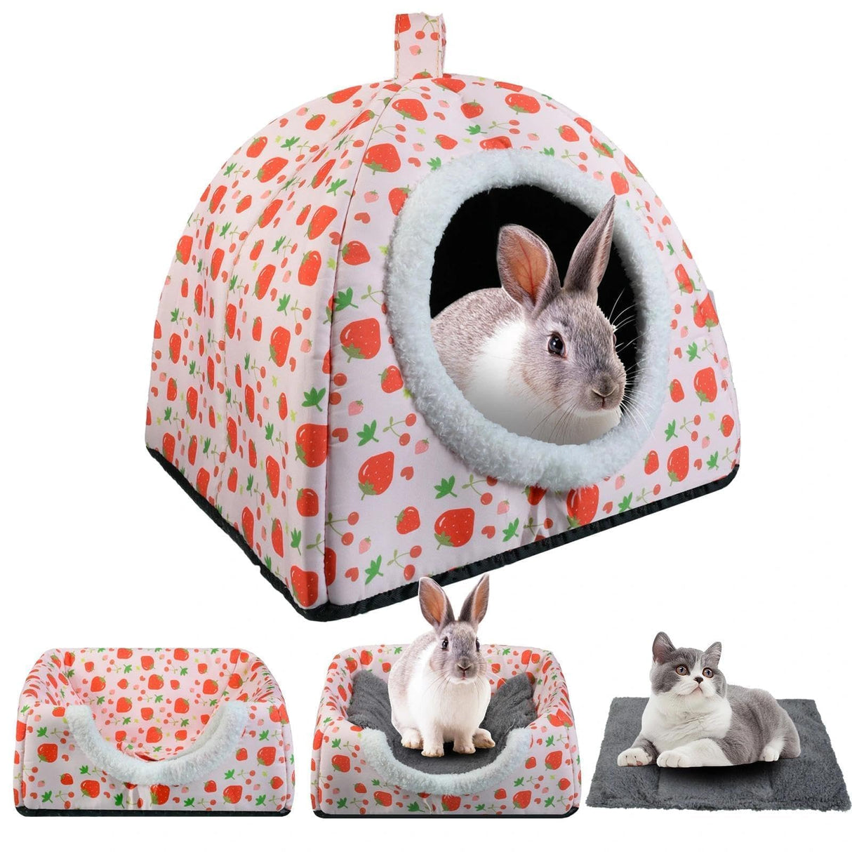 Warm Rabbit Hideout, Washable Bunny Bed & Hideaway House with Strawberry Design, Cozy Fleece Hut for Indoor Rabbits Guinea Pigs and Other Small Animals