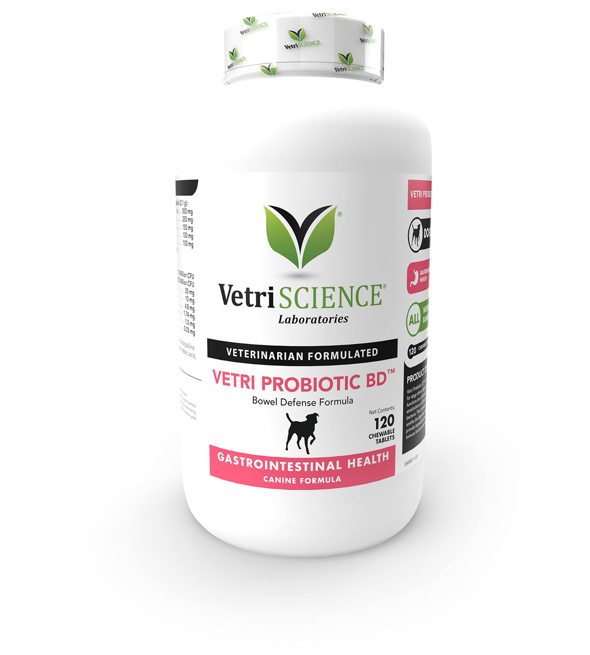 VetriScience Extra Strength Healthy Gut & Digestion Chewable Tablets, Probiotic BD Digestive Enzyme Supplement for Dogs, Probiotics and Enzymes Soothe Gut and Bowel Discomfort, Chicken, 120 Count