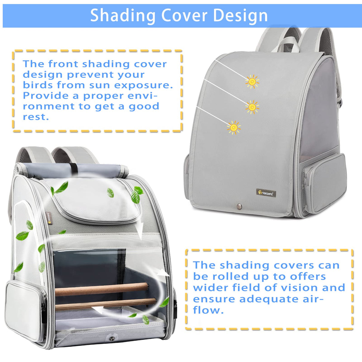 Texsens Bird Carrier Backpack - Pet Travel Cage with Upgraded Tray and Standing Perches, Breathable & Portable, for Small Birds, Green Cheek, Cockatiel, Parrot (Grey)