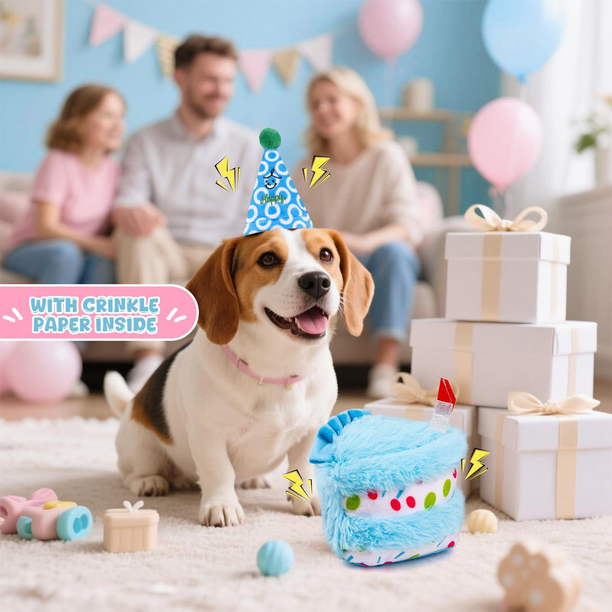 ADABOO 3PCS Dog Birthday Toy Set Plush Dog Squeaky Toys with Birthday Cake & Hat, Snuffle Hide & Seek Greeting Card for Celebration (Blue)