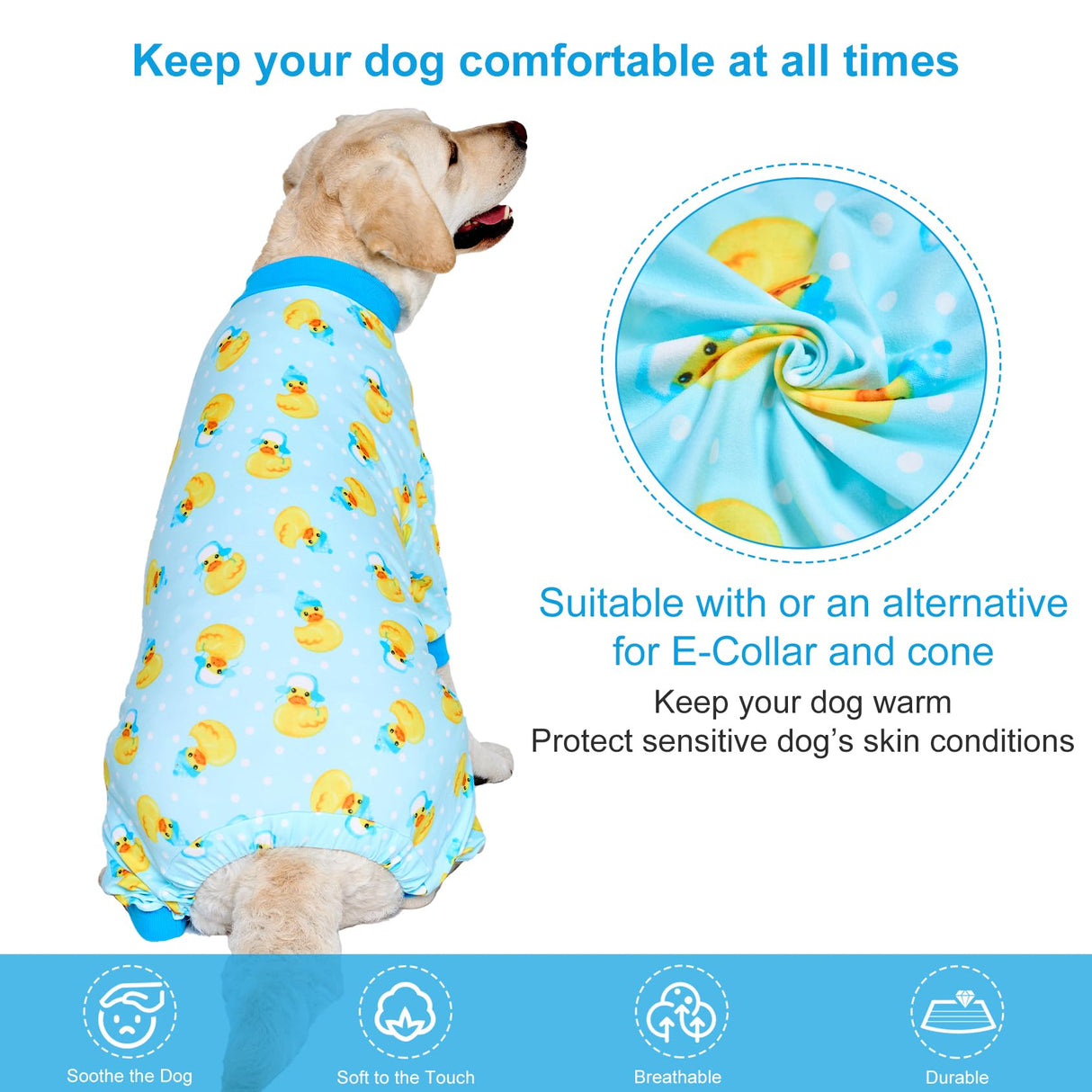 LovinPet Big Dog Wound Care/Surgery Recovery Shirt, Pet Anxiety Shirt, Lightweight Stretchy Knit Fabric, Rubber Ducks with Hats Blue Print Dog Pjs, Dog Pajamas, Pet PJ's/XL