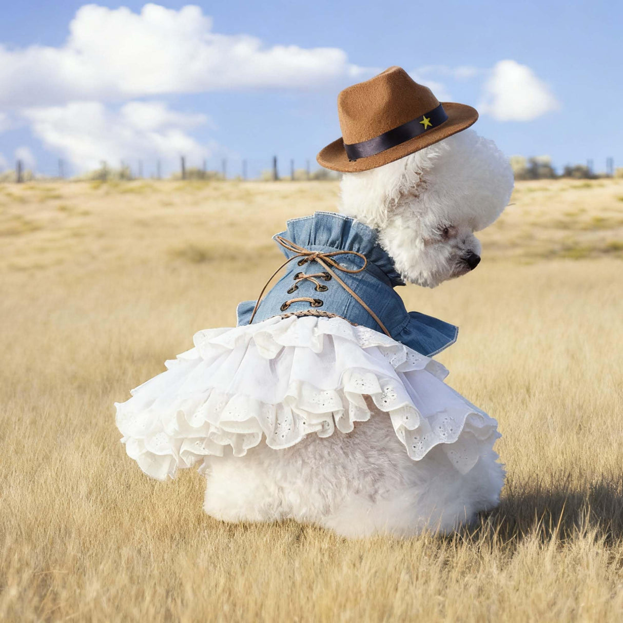 FLAdorepet Western Dog Cowgirl Denim Dress with Dog Hat,Pet Halloween Texas Cowboy Cowgirl Costumes Outfits for Small Dogs Girl Cat Apparels (Blue, M)