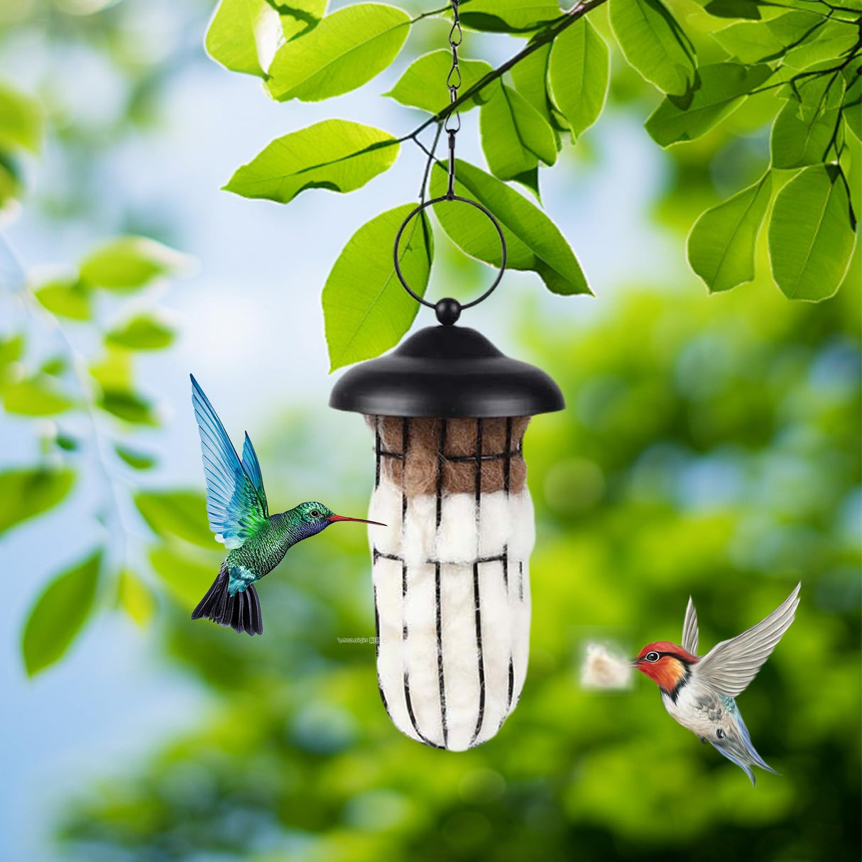 TOWDREU Hummingbird Nesters, Alpaca Wool Bird Nesting Material in Metal Cage - Unique Birds Lover Watcher Gift, Outdoor Garden Ornament, Refillable