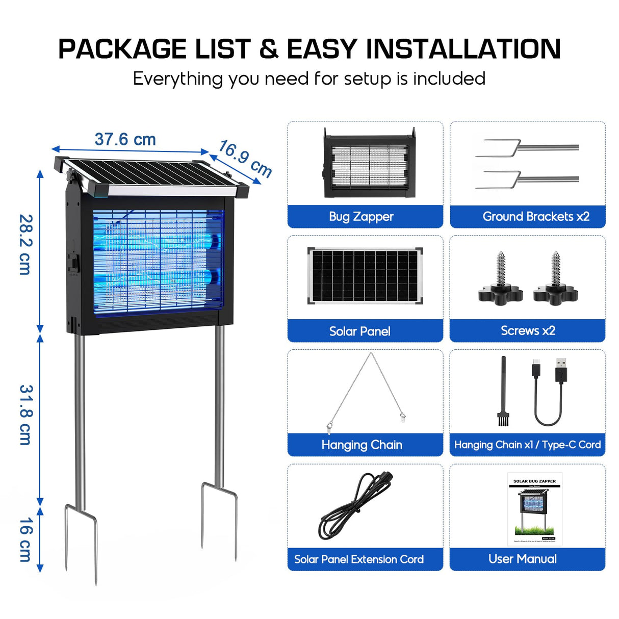 Solar Bug Zapper Outdoor Waterproof, 4500V High Power Cordless Mosquito Zapper with Smart Light Sensor, Dual Solar & USB Rechargeable Insect Killer for Patio, Garden, Backyard, Indoor & Outdoor Use