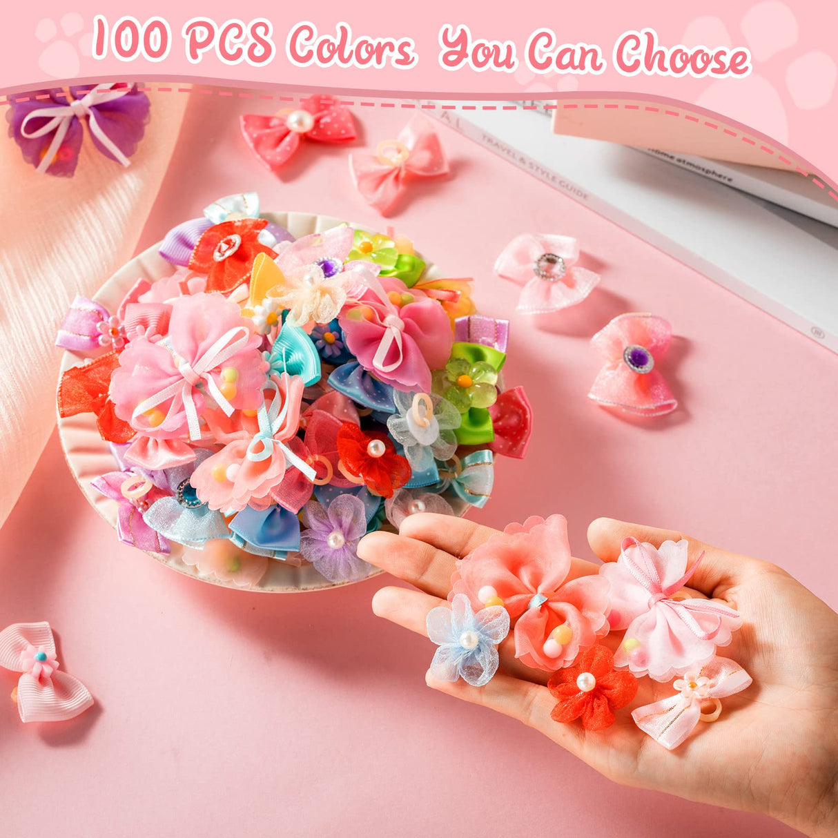 Yunsailing 100 Pcs/ 50 Pairs Cute Dog Bows Dog Hair Bows with Rubber Bands Puppy Hair Clips Grooming Accessories Multicolor Small Pet Handmade Bowknot for Pet Female Accessories