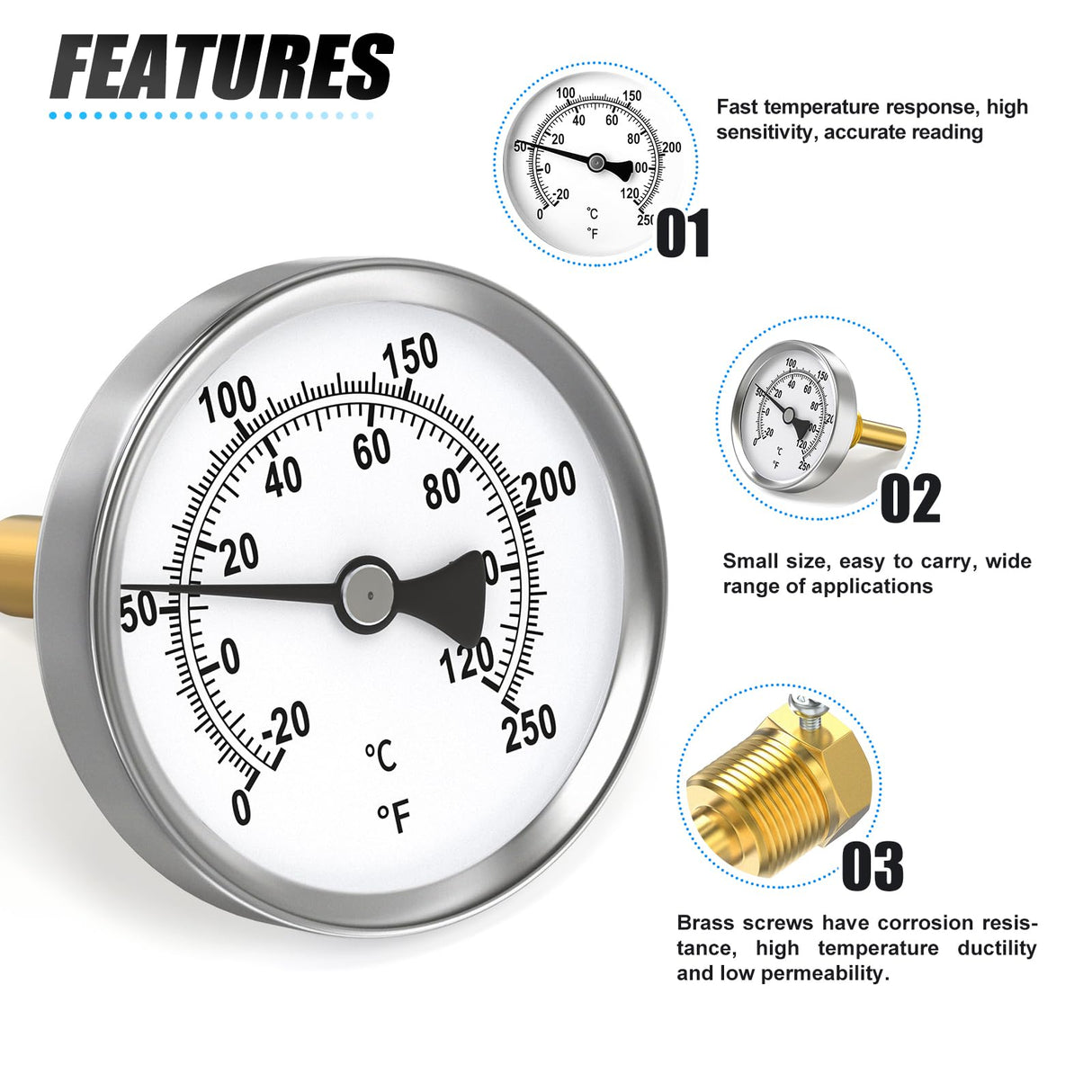 MEANLIN MEASURE 1/2" NPT Bimetal Thermometer for hot Water, boilers, and Pipes,2-1/2" Dial, 2-1/4" Lead-Free Brass Stem,Temperature Range 0-250°F/-20-120°C,Center Back Mount (Pack of 2