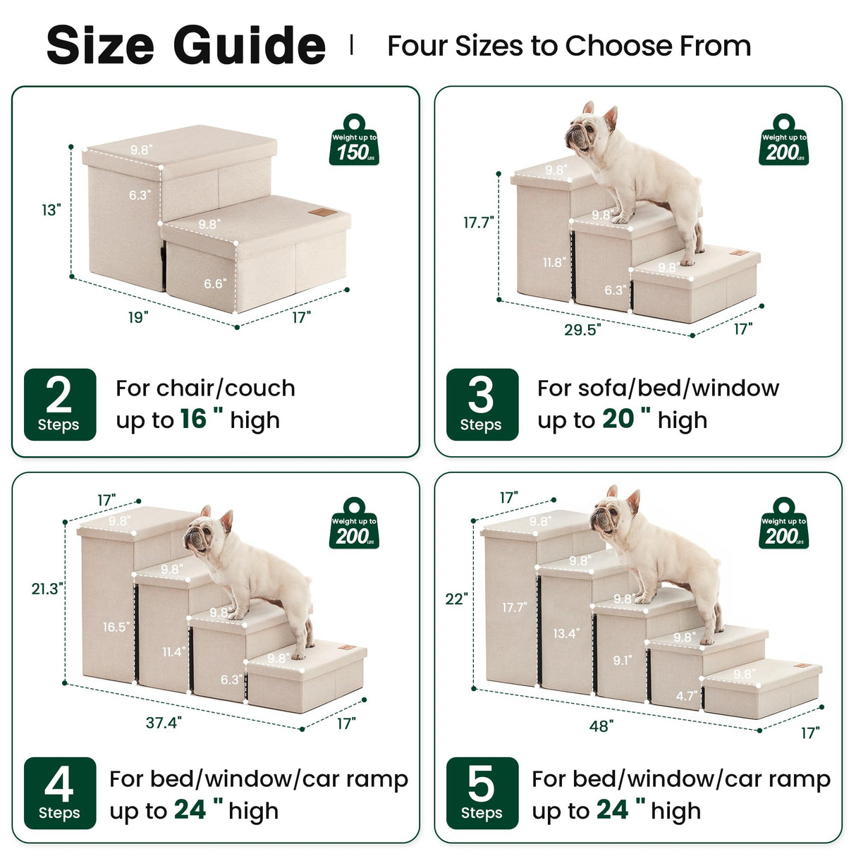 Love's cabin Dog Stairs with Storage 13" H, Foldable Pet Stairs for Small Medium or Large Dogs, Cat Puppy Steps Ramp with Zip up to 150 lbs, Beige, 2 Steps