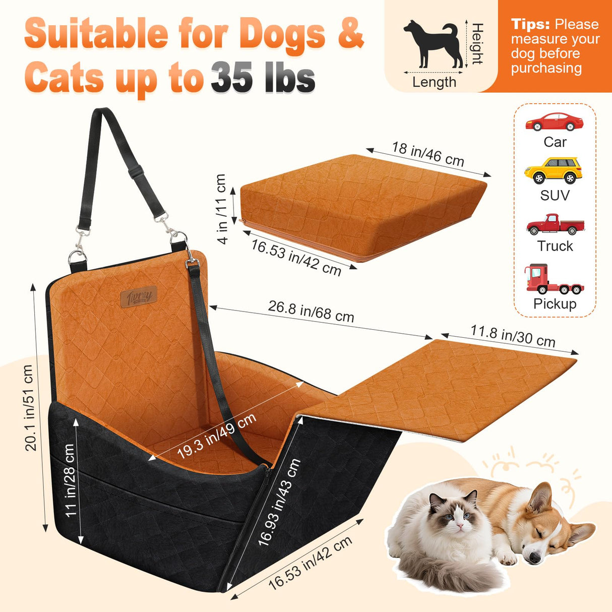 Tivray Elevated Dog Car Seat, Dog Booster Car Seats for Small & Medium Breeds Up to 35lbs, Fully Detachable and Washable, Memory Foam Pet Carseat with 2 Storage Pockets & 3 Safety Belts, Black + Brown