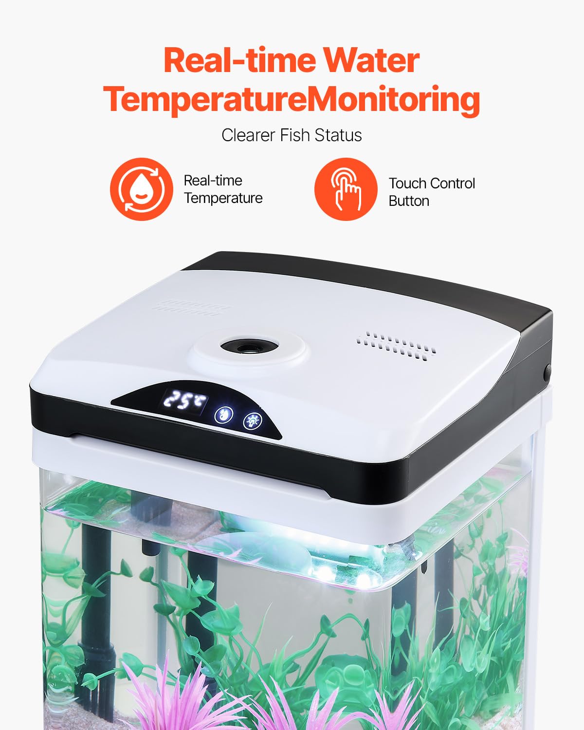 VEVOR Fish Tank Aquarium, 2 Gallon LED Square Ultra-Clear Glass Tank Temperature Monitoring Adjustable 7 Color Lighting, Self Cleaning System Fishbowl for Freshwater & Saltwater Fish Home,Office,Pet