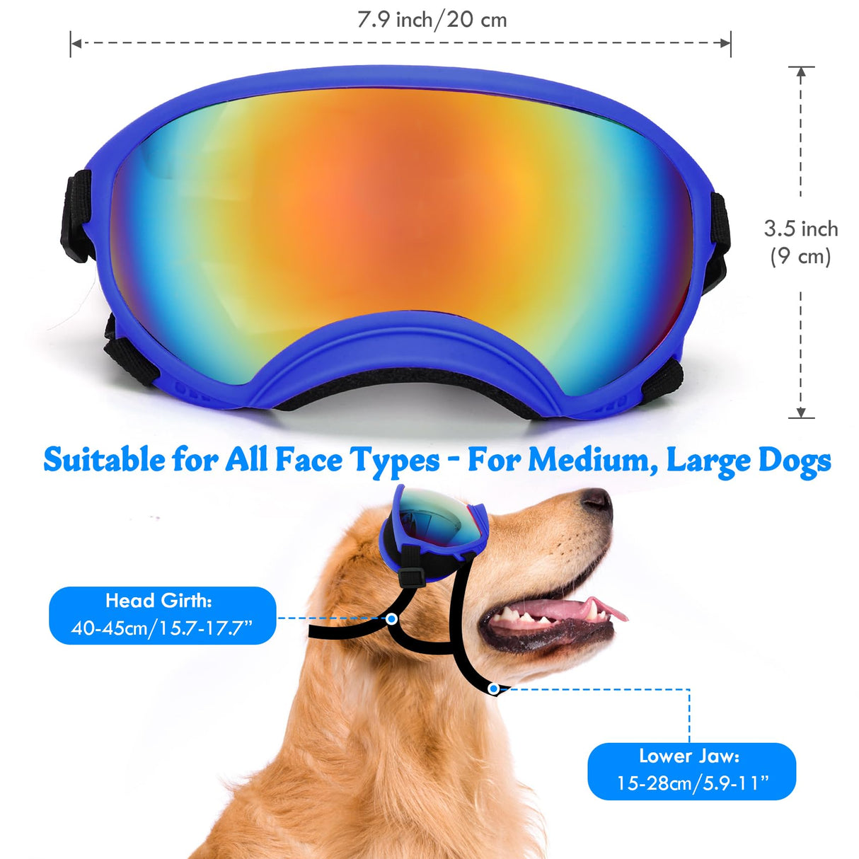 Large Dog Sunglasses Dog Goggles Pet Glasses Pet Eyewear with Adjustable Strap,Glasses for Medium Large Dog Swimming Skating Glasses UV Proof Windproof Dustproof