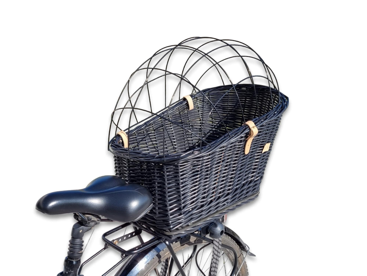 Wiklibox Natural Wicker Dog Bike Basket - 100% Organic Rattan Pet Carrier with Protective Grille - Eco Friendly Design - Soft Cotton Cushion & Mounting Bracket for Secure Bicycle Rear Luggage Rack