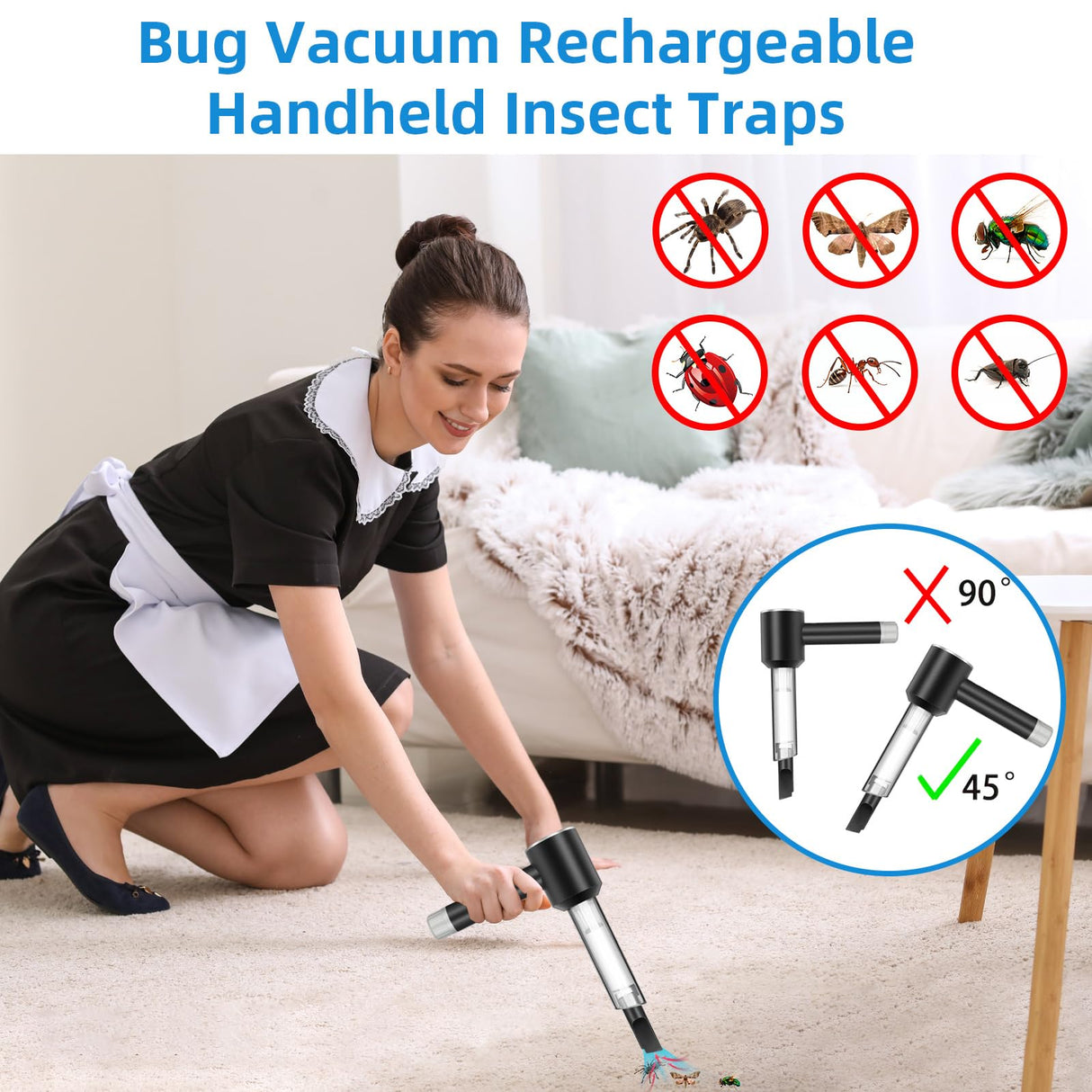 Bug Vacuum Catcher, Spider and Insect Catcher Traps, Rechargeable Bug Catcher with Brush Head & Charging Line & Multifunctional Suction Nozzle for Stink Bug, Moth, Cockroach, Spider, Ant, Black