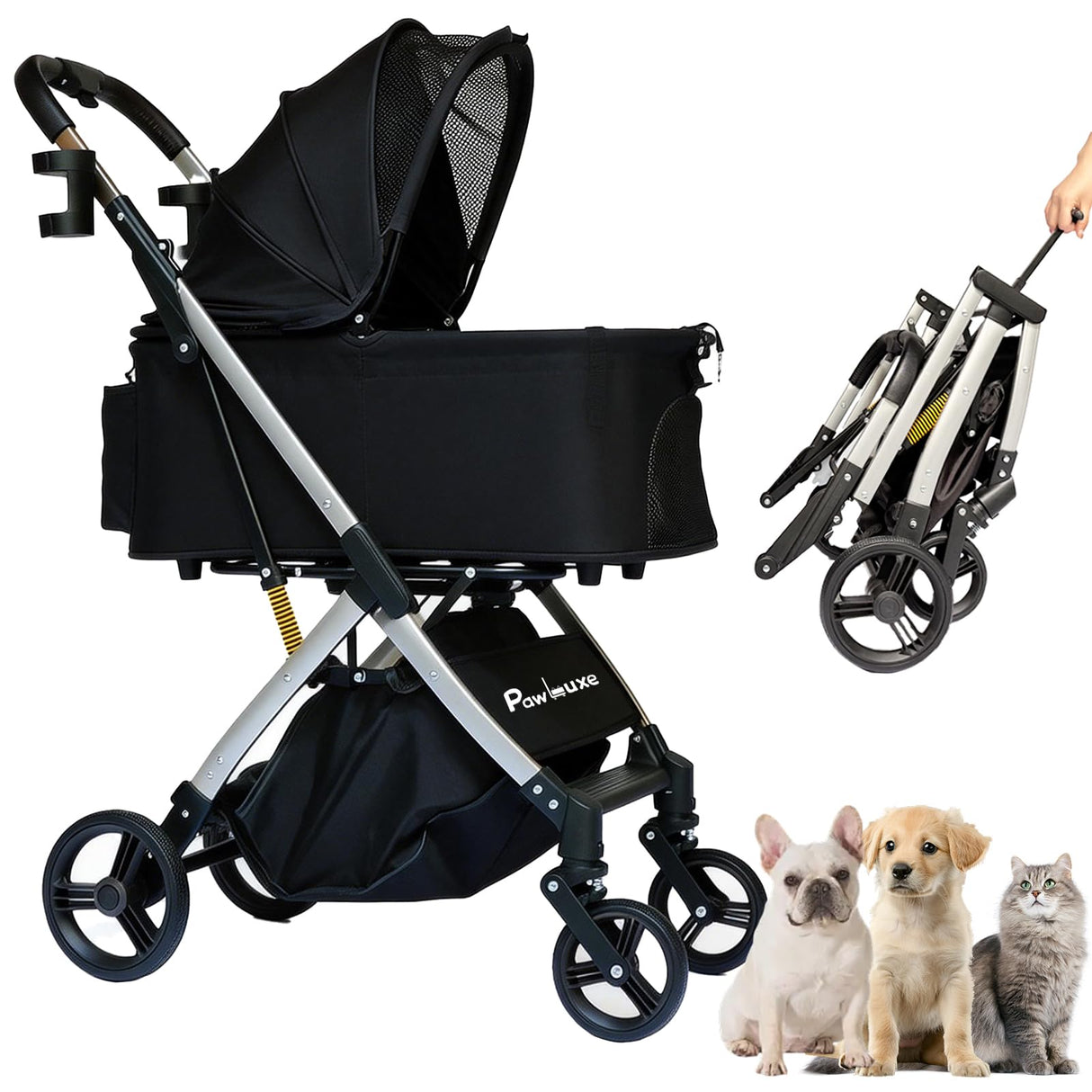 PawLuxe Dog Stroller, 4 in 1 Detachable Carrier & Car Seat, All-Terrain Wheels with Shock Absorption, Dog/Cat Strollers for Small/Medium Pets Up to 44 lbs, Lightweight Portable Foldable,Black