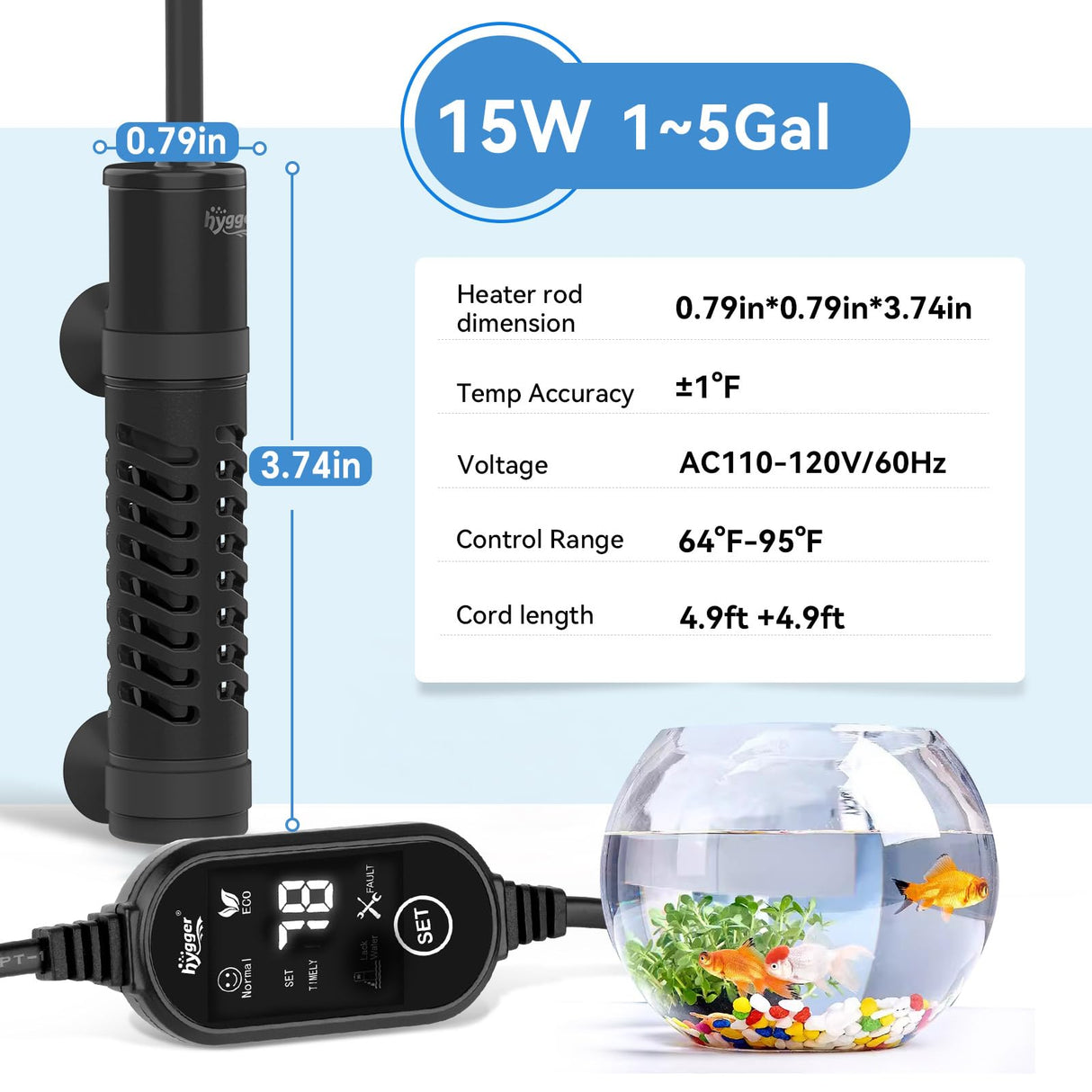 hygger Ceramic Submersible Aquarium Heater, New Explosion-Proof Fish Tank Water Heater with External Temp Controller Auto Thermostat Heater for Saltwater Freshwater (15W for 1~5 Gallon)