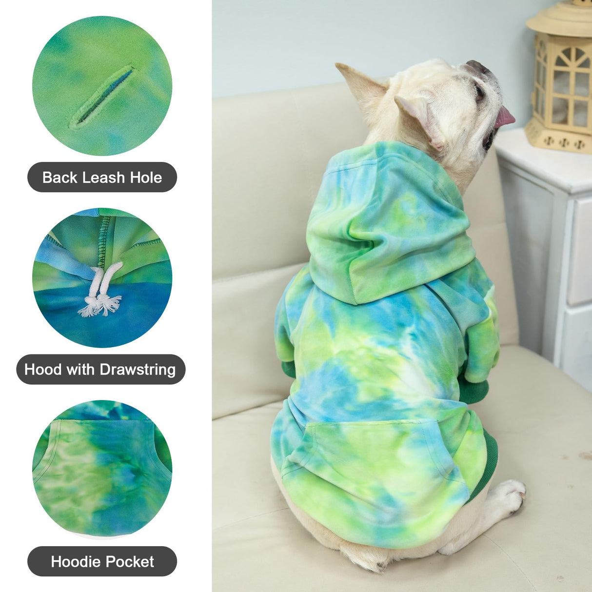 PAWCHIE Dog Hoodie for Small Dogs,Tie Dye Dog Cloth with Leash Hole,Puppy Sweatshirt, Pet Outfit, Cat Apparel,Blue Green,M