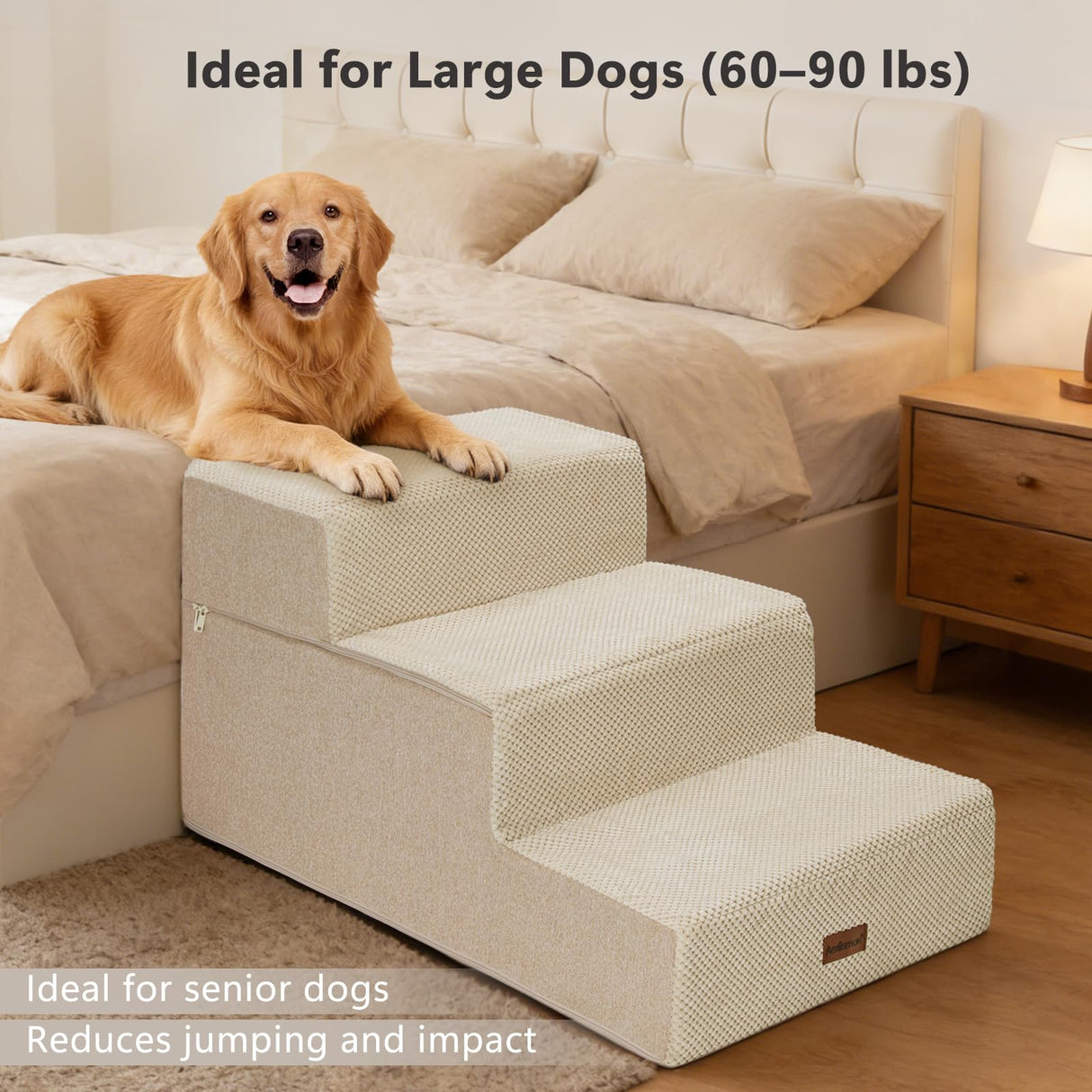 AODISMAN Dog Stairs for Large Dogs 18" H, Extra Wide Dog Steps for High Beds & Couches, 20" Wide Deep Steps, Non-Slip Dogs Ramp, 3-Step Pet Stairs, Beige