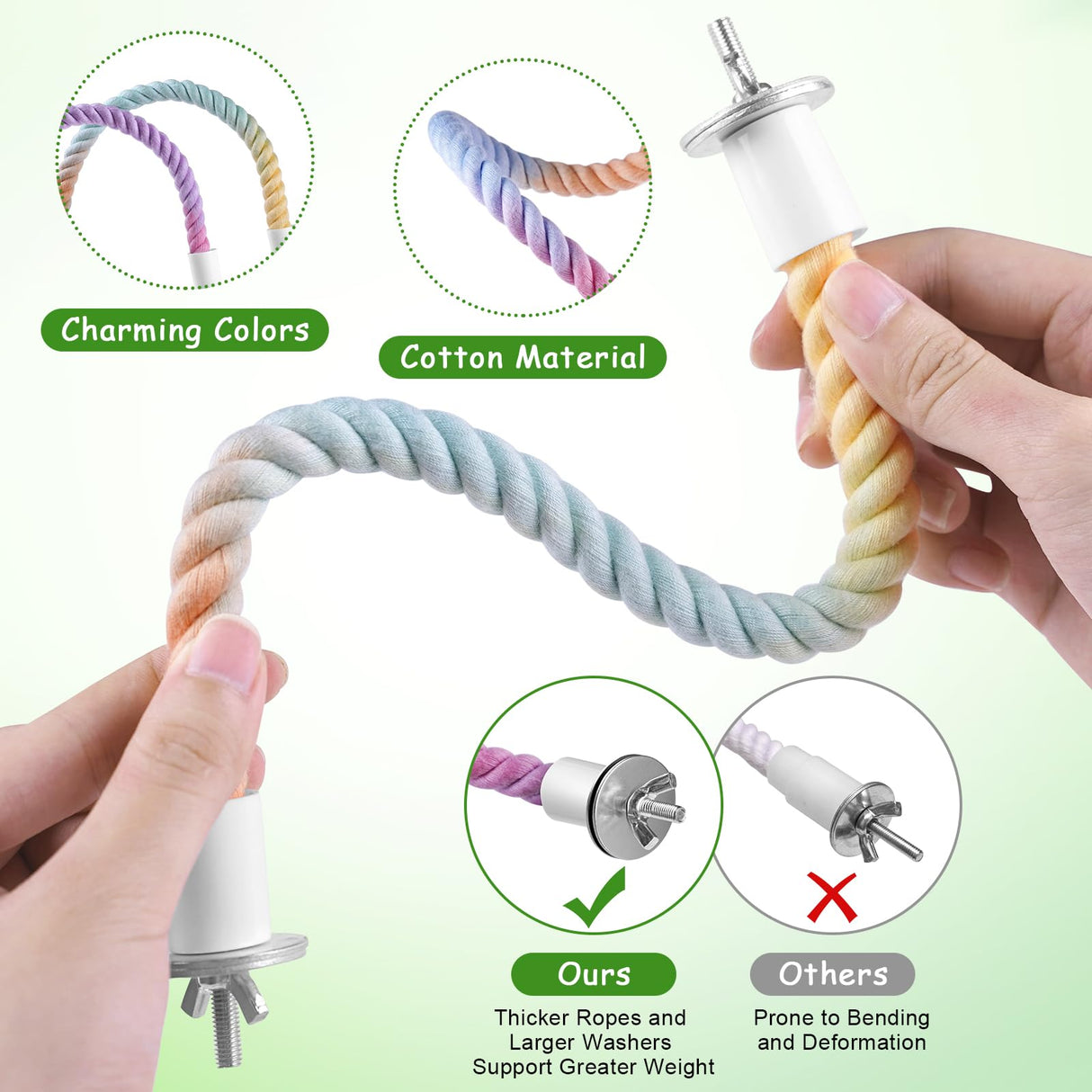 3 Pcs Bird Rope Perches Gradient Color, Bendable Parrot Bird Perch Rope Stand for Cage, Stand Climbing Stand Toy for Cockatiels, Lovebirds, Budgies, Parakeets (2 Short + 1 Long)