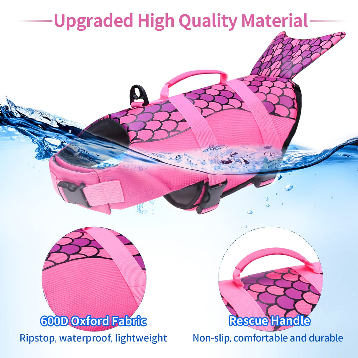 Malier Dog Life Jacket, Ripstop Dog Life Vest with High Buoyancy for Swimming Boating, High Visibility Shark Puupy Lifesaver for Small Medium Large Dogs (Pink #1, X-Large)