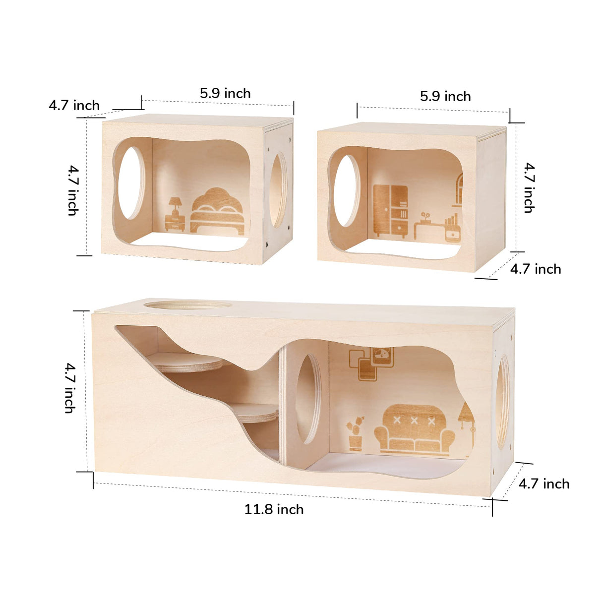 Tafit Hamster Hideout Wooden House Chamber Small Animals Pets Tunnel Exploring Toys Secret Peep Shed for Dwarf Hamsters, Syrian Hamsters, Gerbils, Hedgehogs, Rats, Mice (Living Room)