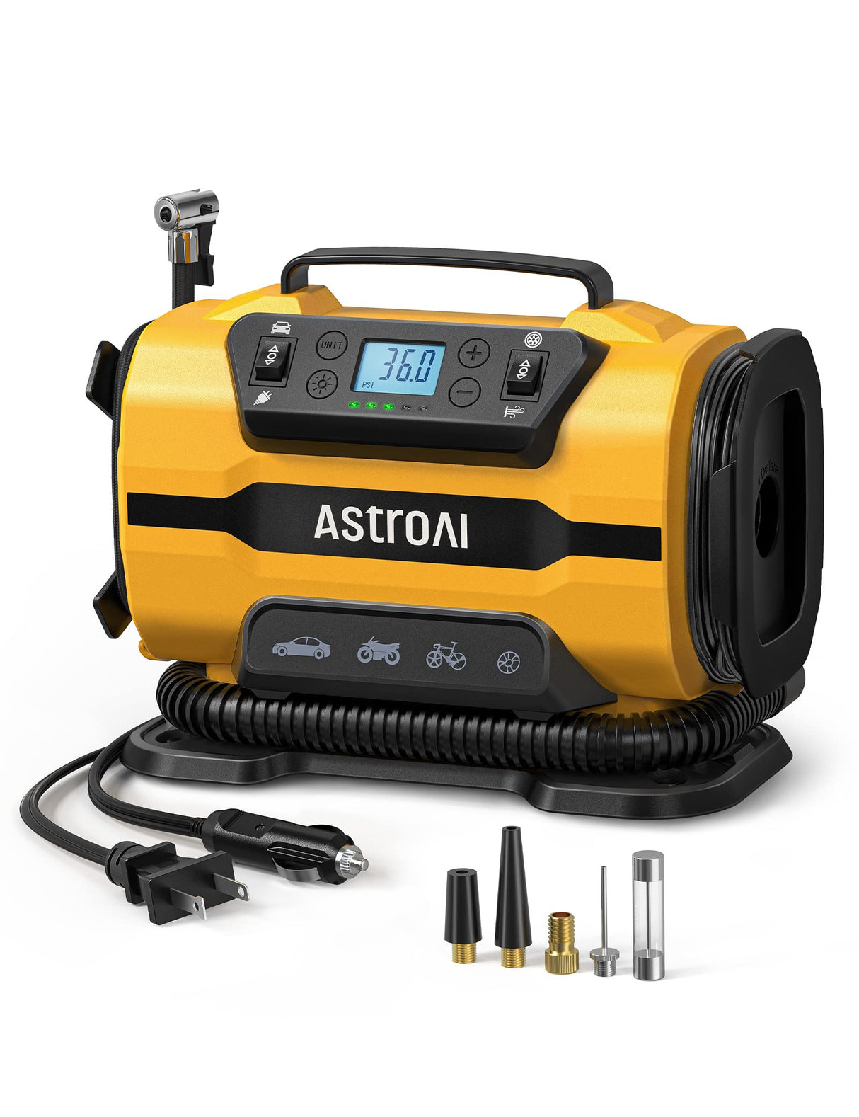AstroAI Tire Inflator Portable Air Compressor Pump 150PSI 12V DC/110V AC with Dual Metal Motors &LED Light, Automotive Car Accessories&Two mode for car, bicycle tires and air mattresses, Yellow