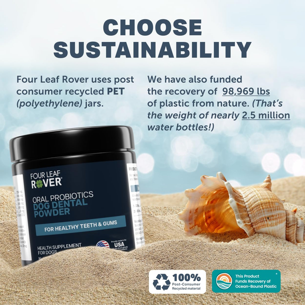 Four Leaf Rover Dog Dental Powder – Natural Probiotic Support for Bad Breath, Tartar & Plaque – with Red & Brown Kelp, Weissella Cibaria, Aloe & Chamomile – 30-Day Supply
