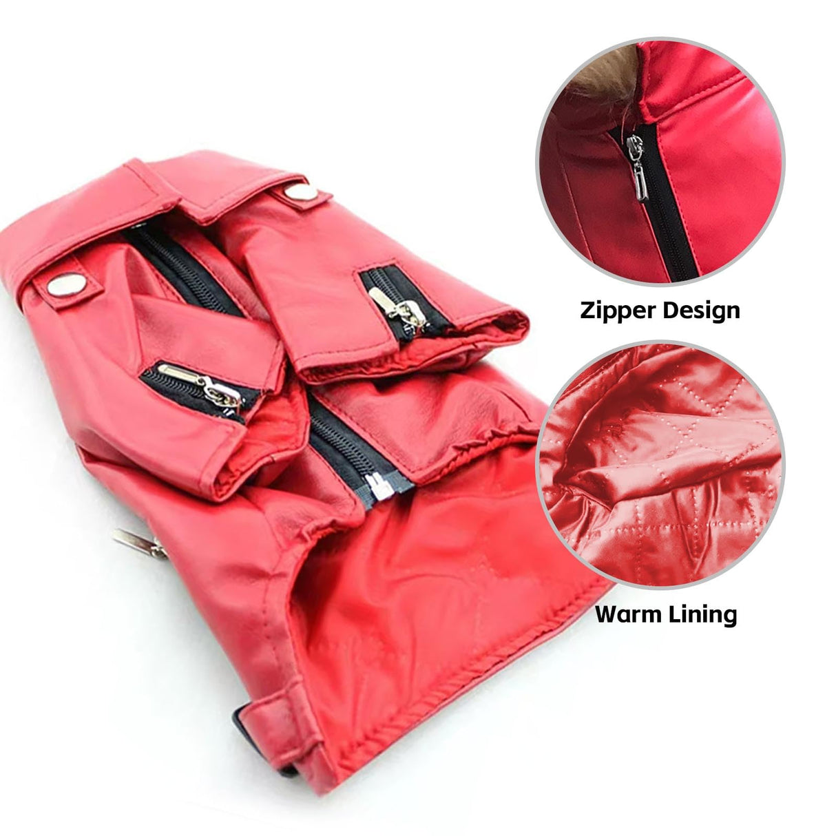 UOSIA Cold Weather Dog Coats Cool Dog Motorcycle Leather Jacket Windproof Waterproof Warm Pet Winter Costume with Zipper(Red,B-S)