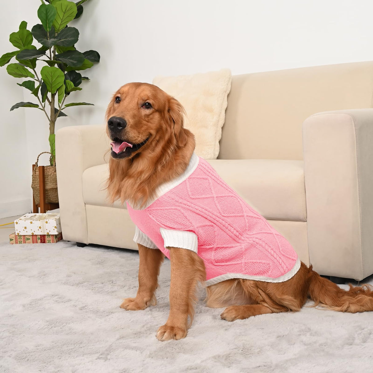 Lorehelina Dog Sweater for Large Dogs Argyle Cable Knit Turtleneck Pullover Winter Clothes for Boys Girls Stretch Golden Retriever Bulldog Pitbull Labrador Doberman Christmas Pet (XXL, Pink)