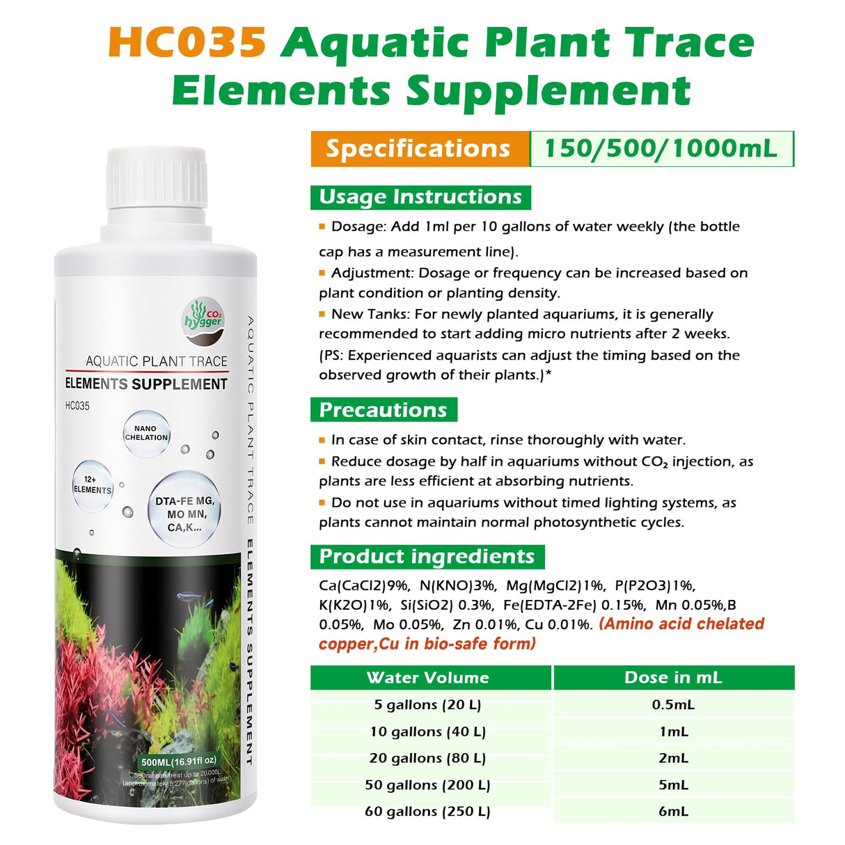 Hygger CO2 HC035 All-in-One Liquid Aquarium Plant Fertilizer - with Essential Micro & Macro Nutrients for Freshwater Planted Tanks, 150ml/500ml/1000ml (150mL)