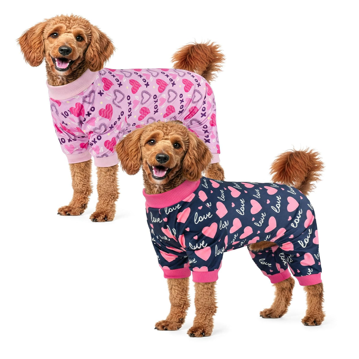 Vehomy 2-Pack Dog Valentines Pajamas Valentine's Day Dog Costume Outfit with Love Heart Patterns Pet Valentines Onesie Jumpsuits Sweet Heart Clothes Jammies for Medium Large Dogs XL