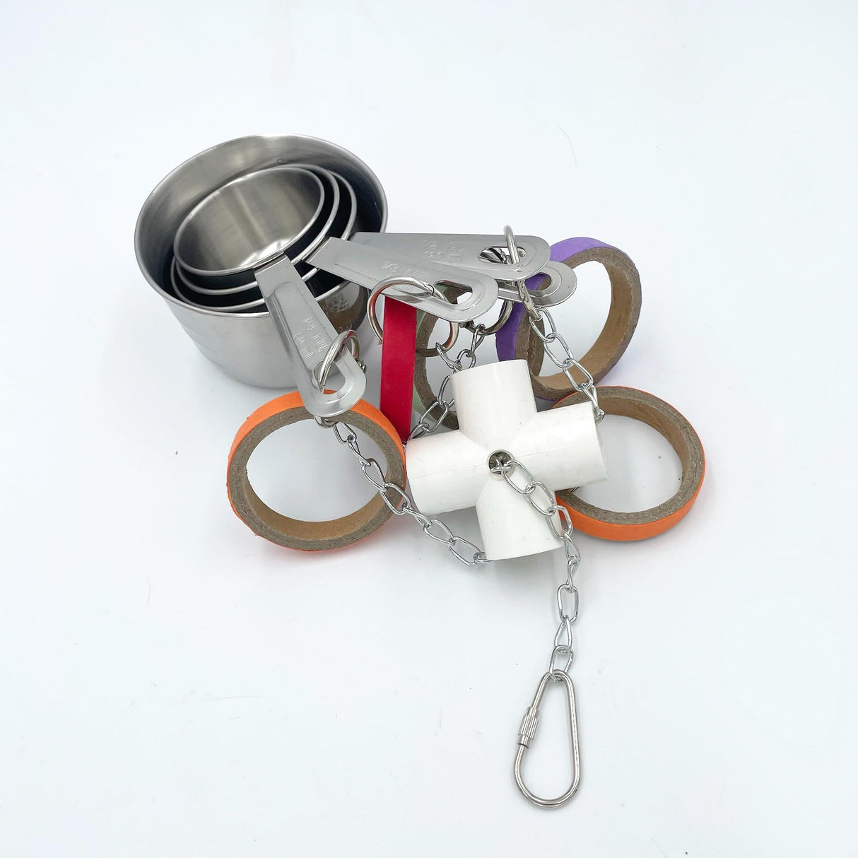 GILYGI Durable Bird Parrots Pots and Bagel Toys, Pullable Stainless Steel Cup and Cardboard Ring Toys for Amazons Mini Macaws African Greys Cockatoos Eclectus