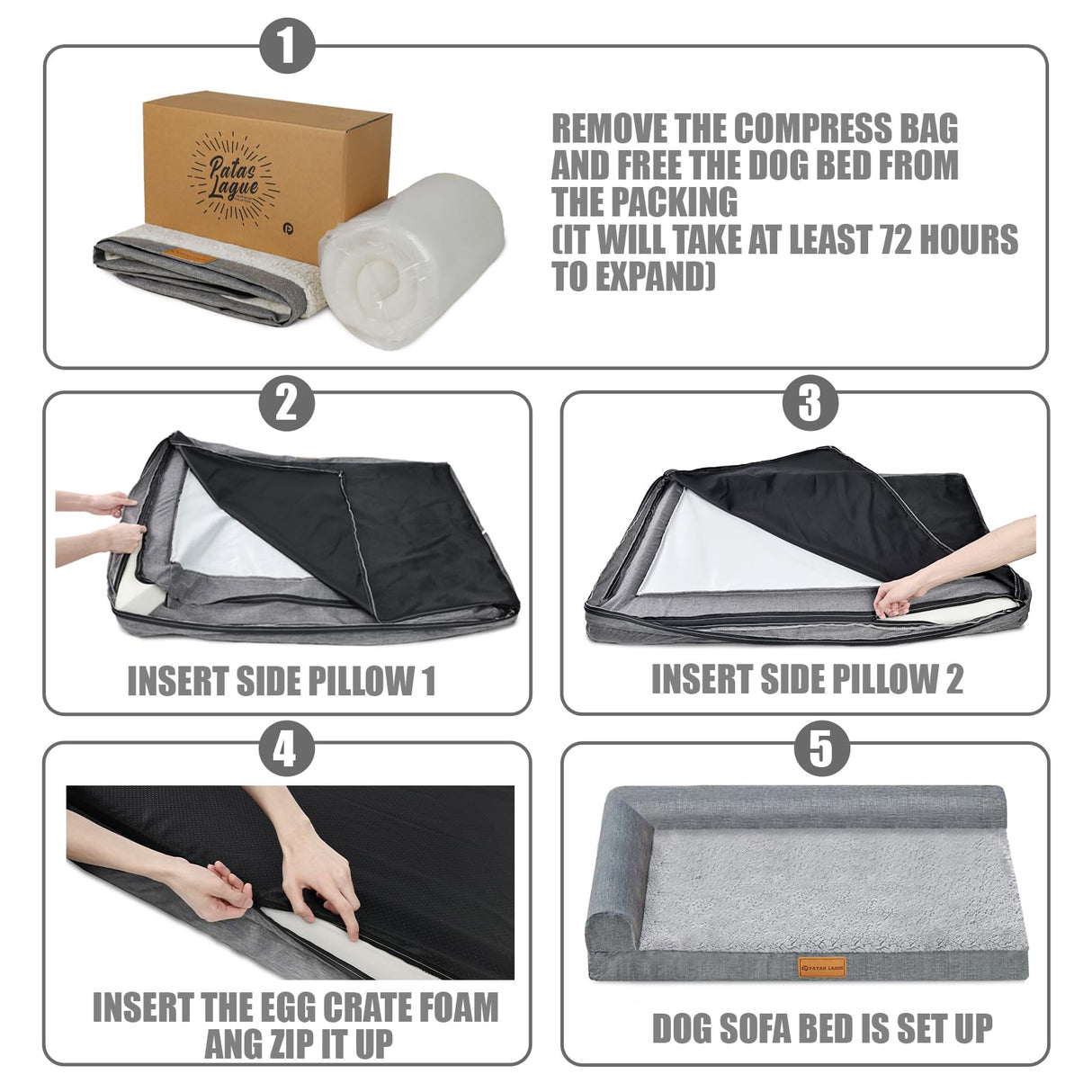 Patas Lague Orthopedic Dog Bed Large Sized Dog 36''X24'', Waterproof L Bolster Medium Pet Sofa Beds with Removable Washable Cover, Soft Comfortable Pet Couch Crate Mat with Nonskid Bottom, Black