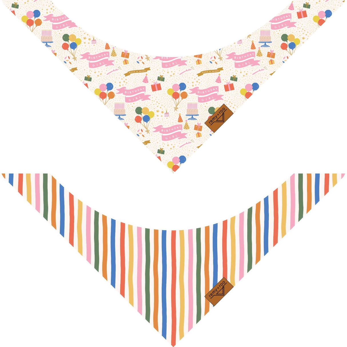 Remy+Roo Small Dog Bandanas - 2 Pack Birthday Set | Premium Durable Adjustable Polyester Fabric Dog Scarfs | Patented Shape, Trendy Patterns | Pack of Bandanas for Dogs