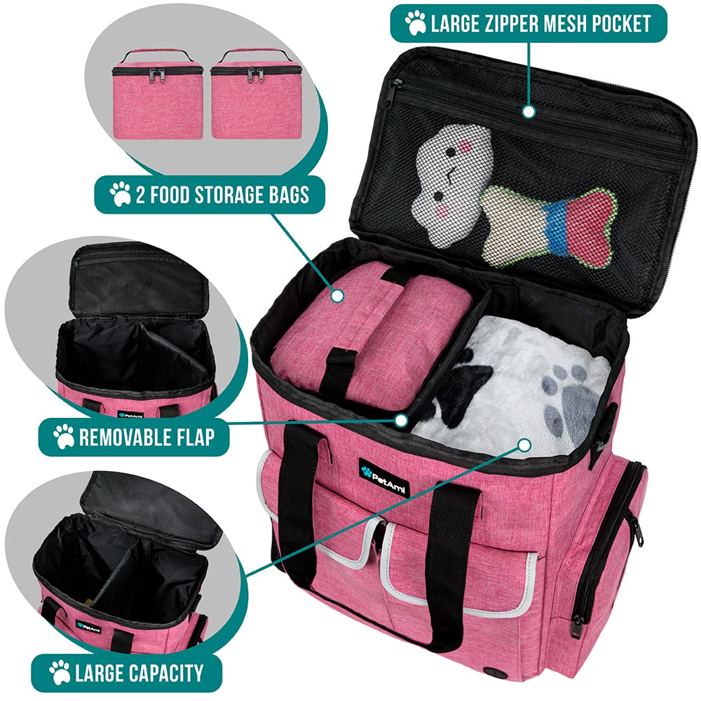 PetAmi Dog Travel Bag Pet Supplies Accessories Organizer for Traveling, Camping, Weekend; Cat Pet Travel Bag Kit Includes 2 Food Storage Containers, 2 Collapsible Bowls, 1 Feeding Mat (Pink)