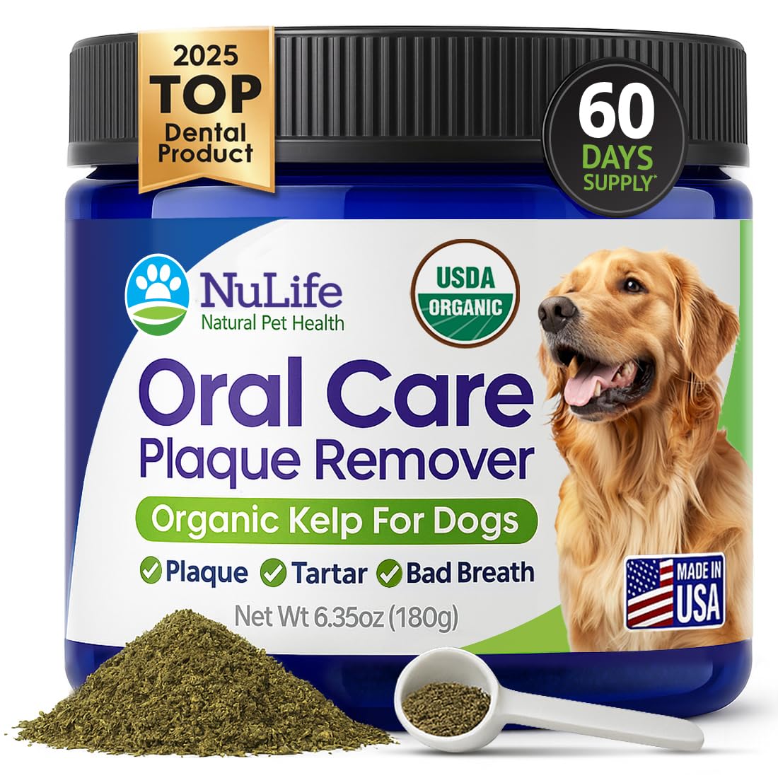 Dog Teeth Cleaning Powder, Dog Plaque and Tartar Remover, Bad Breath Treatment for Dogs with USDA Organic Sea Kelp Powder, Dog Dental Care Made Easy, for All Ages, 6oz