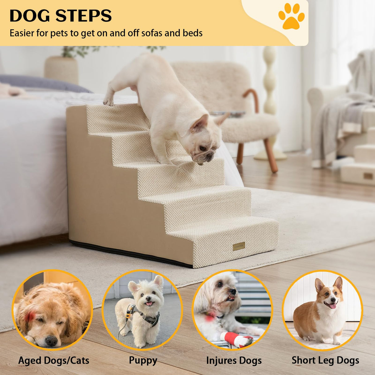 LOMORA Dog Stairs for Small Dogs, 5 Tier Widened Pet Stairs for High Beds, 23.6" H Non-Slip Dog Steps for Puppy, Elderly, or Disabled Dogs, 17.7x30x23.6 inch, Beige