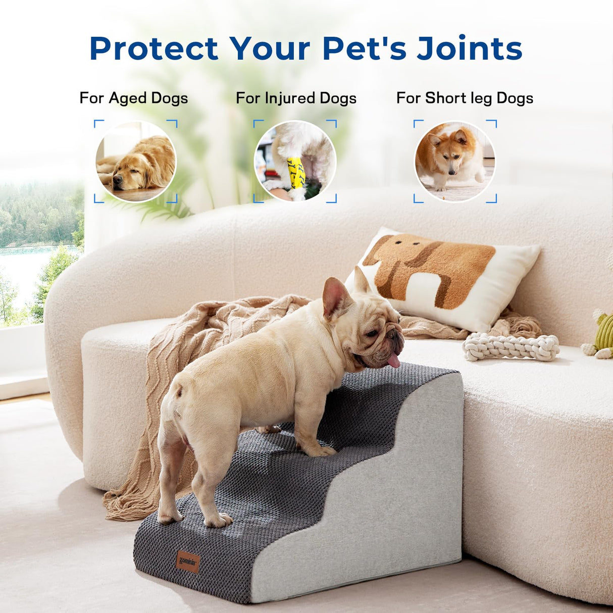 ZOMISIA Dog Stairs for Small Dogs - Pet Stairs for Couch and Bed, 35D Foam Dog Steps Ramp with Non-Slip Bottom Brown, 3 Steps