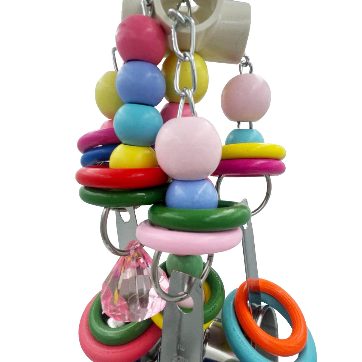 GILYGI Metallic Pots and Multicolored Ring Strings Toys, Pullable 5 Stainless Steel Cups and Wooden Ring Toys for Large and Extra Large Parrot Amazons Macaws African Greys Cockatoos Eclectus
