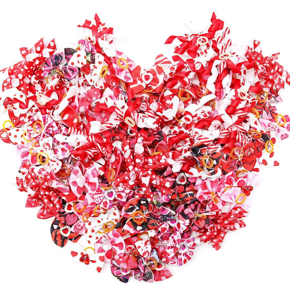Senniea 60Pcs Dog Bows with Rubber Bands Love Heart Dog Bowknot Hair Bows Red Pink PuppyTopknot Bows for Day Doggie Cat Bunny Yorkie Pet Hair Grooming Accessories (Valentine's Day)