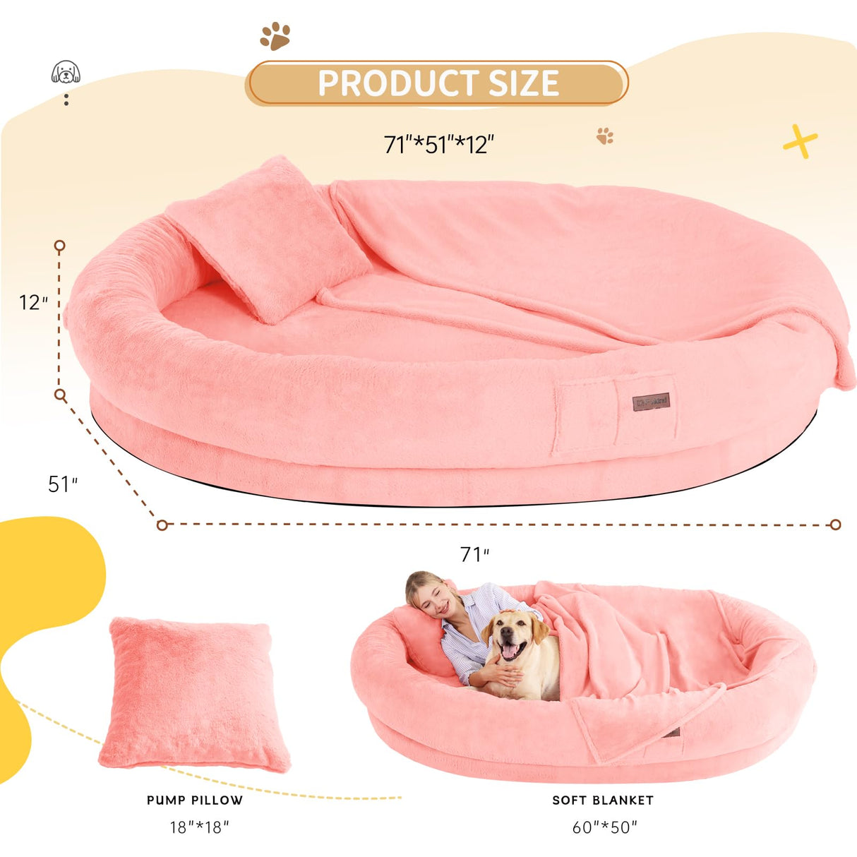 Fvkind Human Dog Bed for Adults with Blanket and Pillow, 71"x51"x12" Washable Orthopedic Size, Faux Fur Removable, Cozy Large Present, Pink