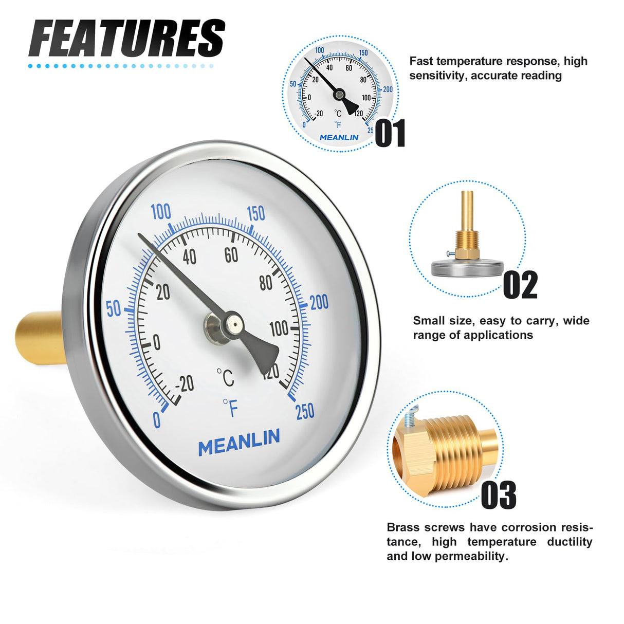 MEANLIN MEASURE 1/2" NPT Bimetal Thermometer for Hot Water, Boilers and Pipes, 3" Dial, 6" Lead-Free Brass Stem, Temperature Range 0-250°F/-20-120°C, Accuracy 2%, Center Back Mount