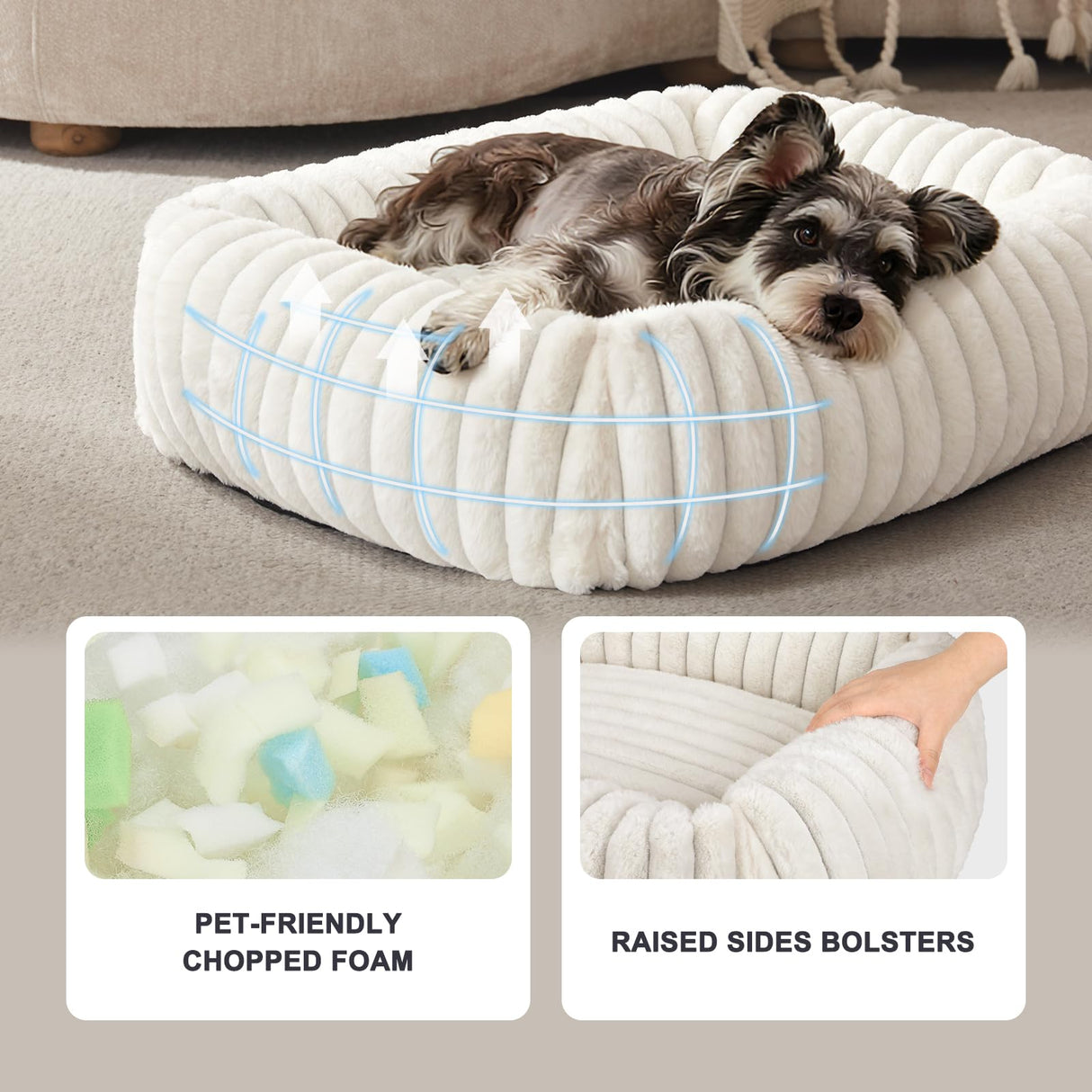 FURTIME Dog Bed Medium Size Dog, Washable Orthopedic Pet Bed with Removable Cover, Rectangle Soft Calming Sleeping Puppy Bed Durable Pet Cuddler with Anti-Slip Bottom, Cream, M Plus (30"x24"x8")