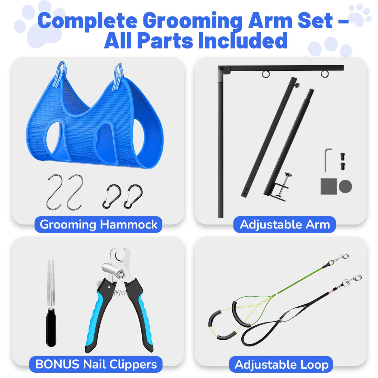 AUORC Dog Grooming Arm with Hammock, Adjustable 26"-38" Foldable Grooming Table Arm with Clamp & 2 No-Sit Holders, Heavy Duty for Small & Medium Dogs, Includes Nail Clippers (Table Not Included)