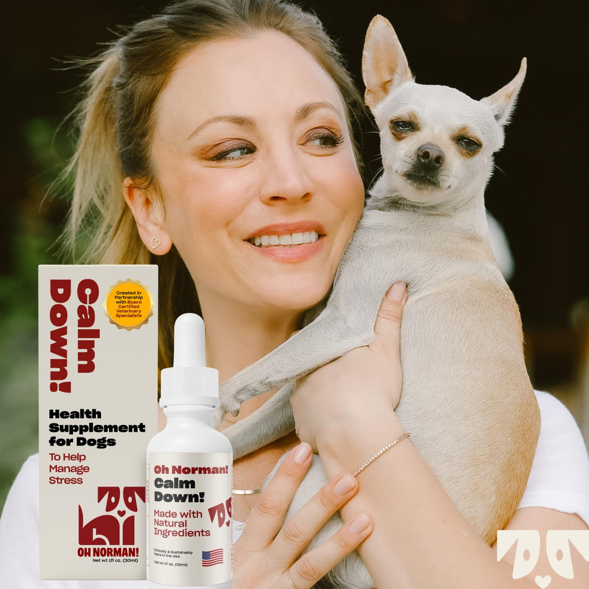 OH NORMAN! Dog Calming Aid Supplement with Chamomile, L-Theanine, Valerian, Passion Flower & Melatonin - Calm Down! by Kaley Cuoco - Ideal for Separation, Thunderstorms, Fireworks & Travel - 1 Fl Oz