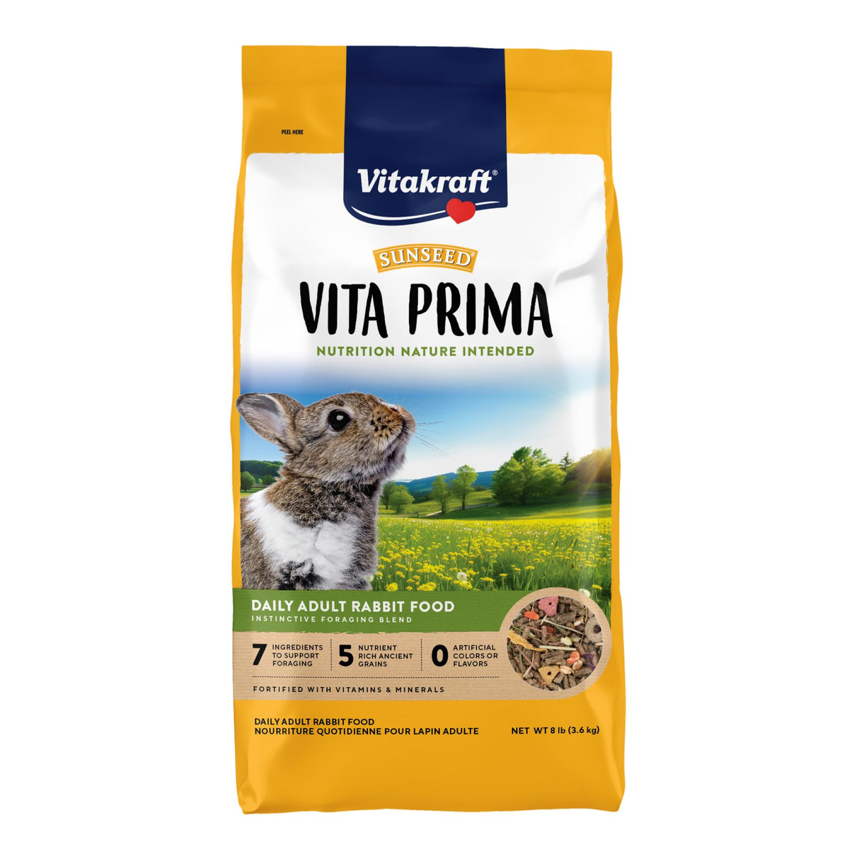 Vitakraft Sunseed Vita Prima Daily Adult Rabbit Food 8 lb Bag with Timothy Hay Pellets Vegetables and Fruits Providing Wholesome Daily Nutrition for Happy Healthy Rabbits