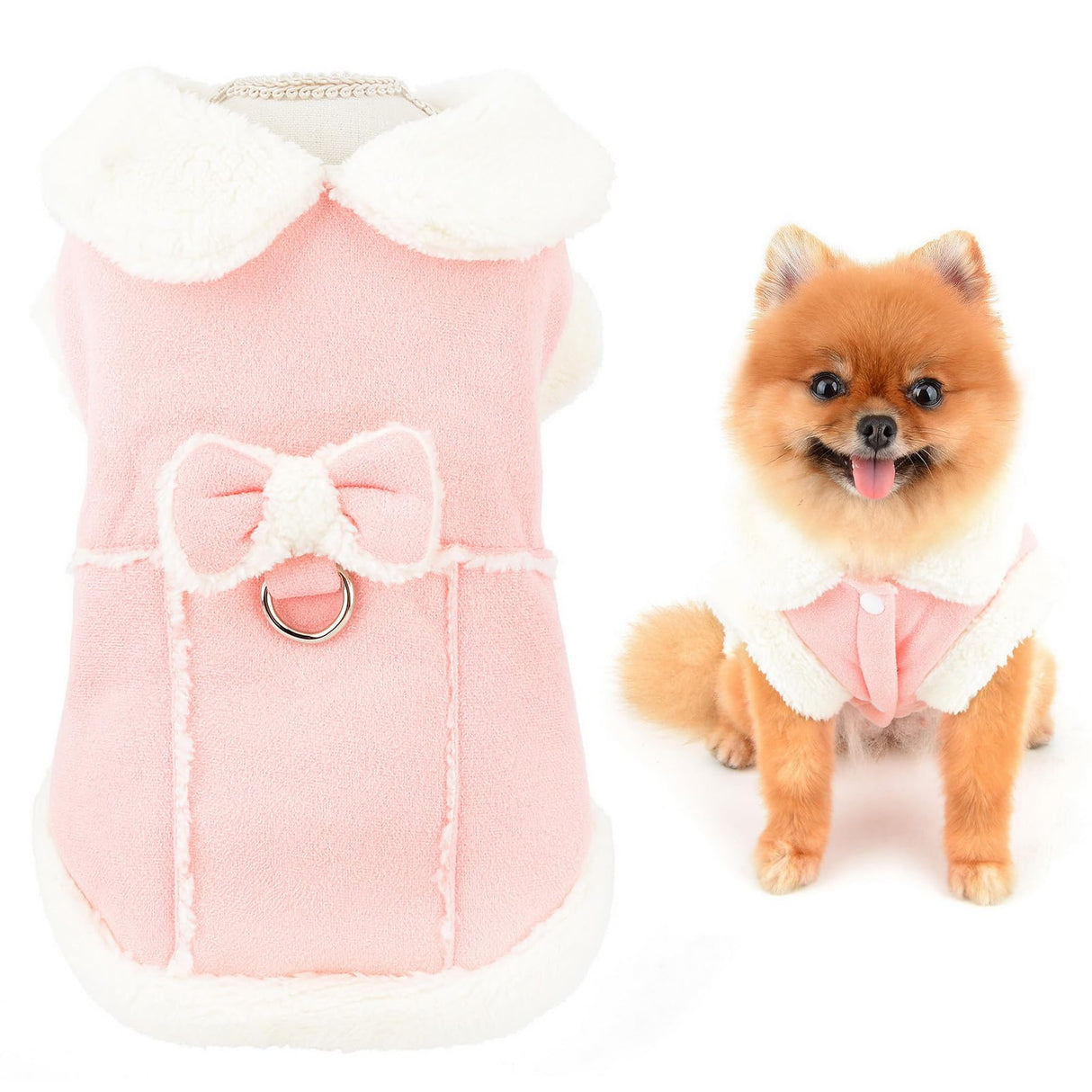 SMALLLEE_LUCKY_STORE Fleece Dog Coat for Small Dog Pet Harness Jacket with Bow and D-Ring, Soft Vest Fall Winter Clothes with Fuzzy Collar Chihuahua Yorkie Cat Apparel, Pink, L