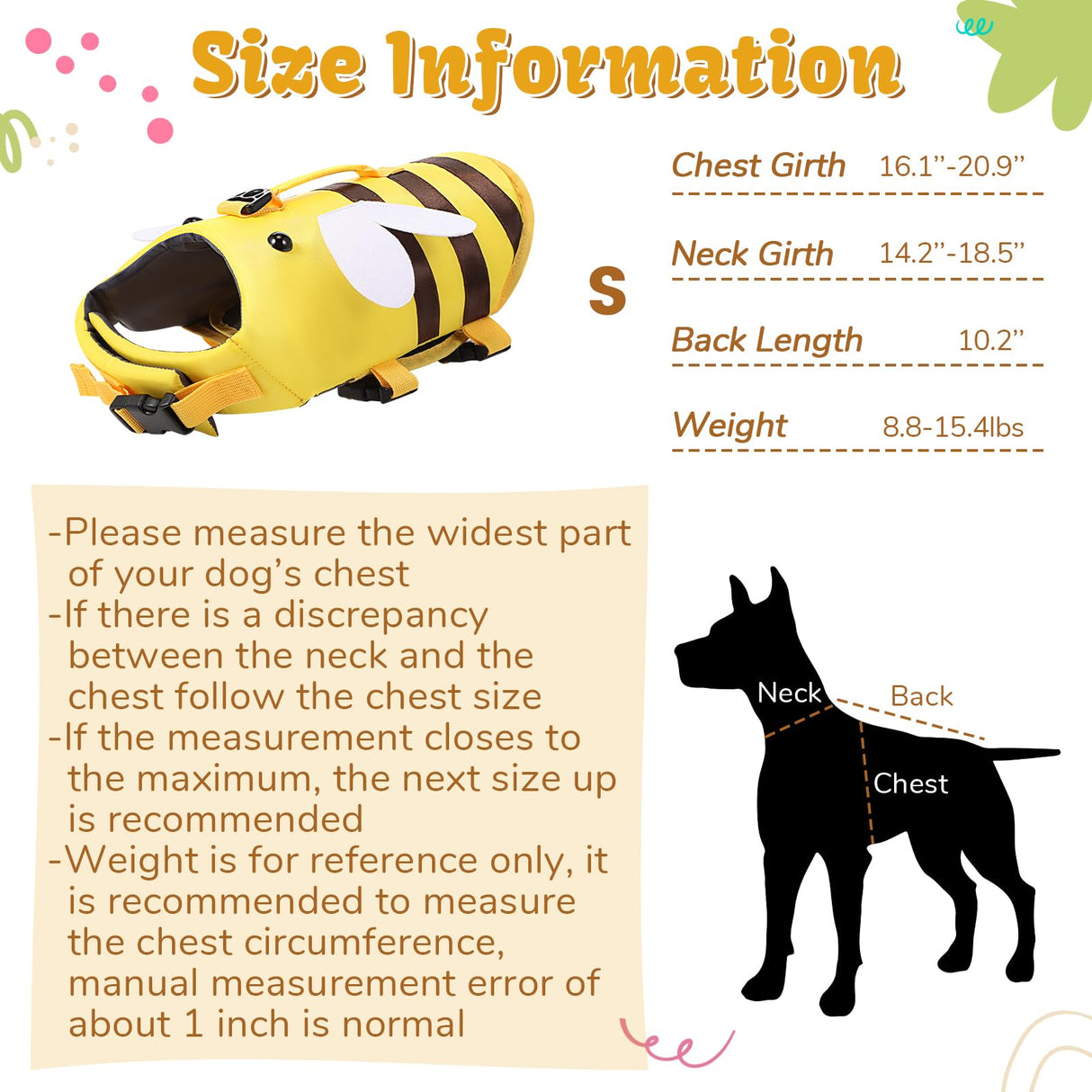 Relaxweex Dog Life Jacket Dog Life Vest for Swimming Boating Cute Bee Design with Rescue Handle Adjustable High Flotation Pet Lifesaver Swimsuit for Small Medium Large Puppy Water Safety (Small)