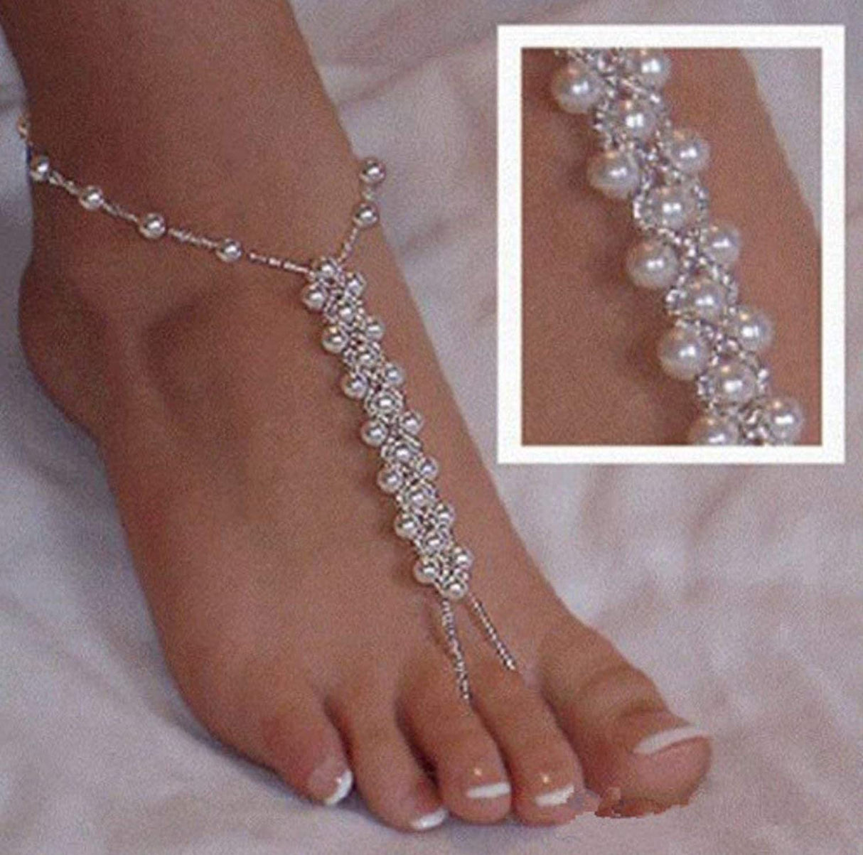 Xiboya textile Pearl Barefoot Foot Jewelry Anklet for Sandals& Beach Wedding(1 Pair)