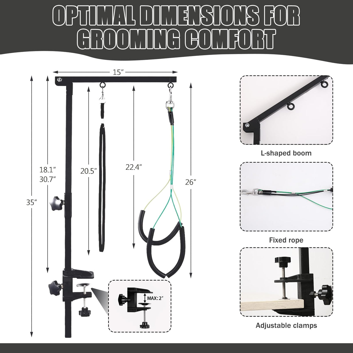 Dog Grooming Table Arm with Metal Clamp,35" Adjustable Portable Arm for Table with 1 Loop Noose & Two No Sit Haunch Holder,Grooming Restraint for Small Medium Pets