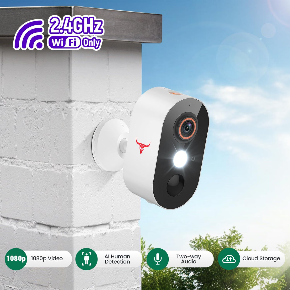1080p Wireless Security Camera with AI Human Detection, Night Vision, 2-Way Talk, Cloud Storage, 2.4G WiFi, Battery Camera for Home Security (1 Spotlight)